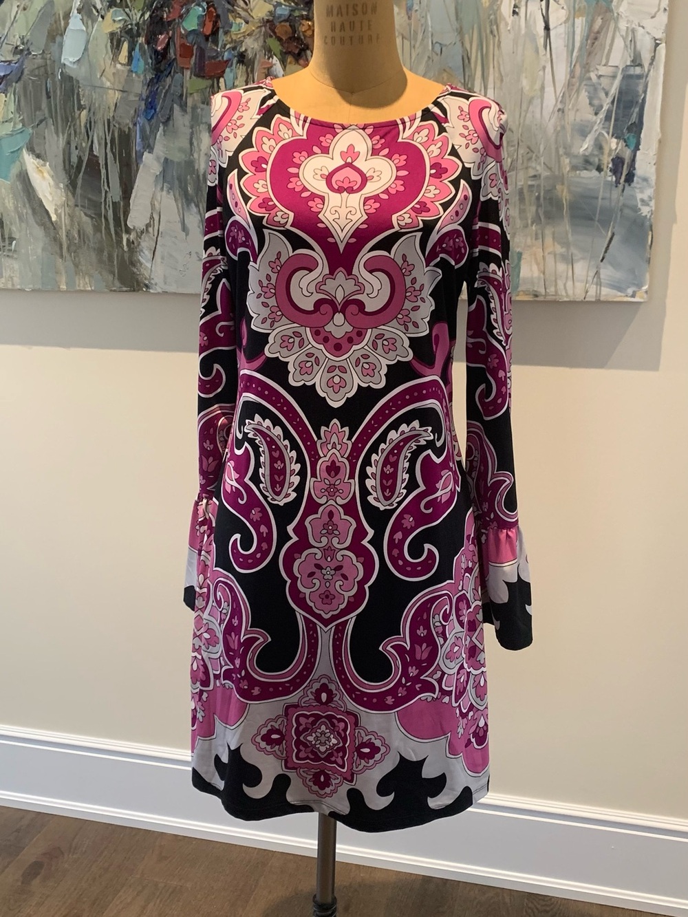 INC International Concepts Pink and Black Paisley-Print Long-Sleeve Shift Dress